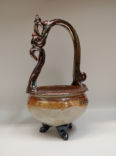 #220414 Raku Glitter Glaze Footed Basket $110 at Hunter Wolff Gallery